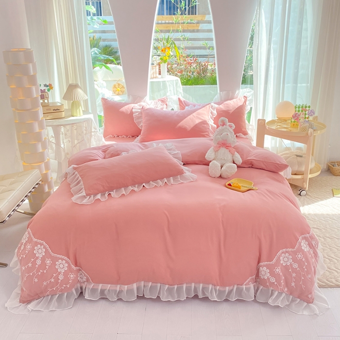 91家纺网 家纺一手货源 找家纺 唐人居 2025新款水洗棉麻花边款花香系列四件套 花香-公主粉