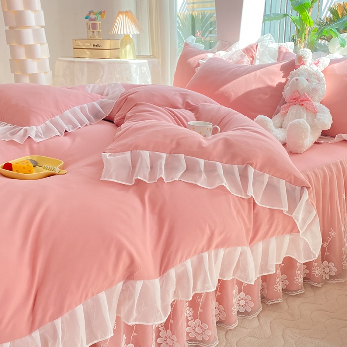 91家纺网 家纺一手货源 找家纺 唐人居 2025新款水洗棉麻花边款花香系列四件套 花香-公主粉