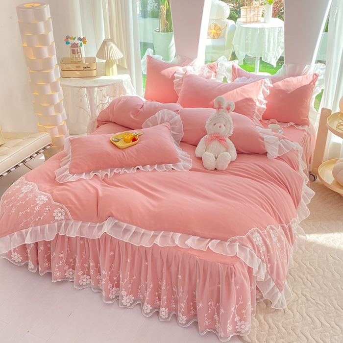 91家纺网 家纺一手货源 找家纺 唐人居 2025新款水洗棉麻花边款花香系列四件套 花香-公主粉