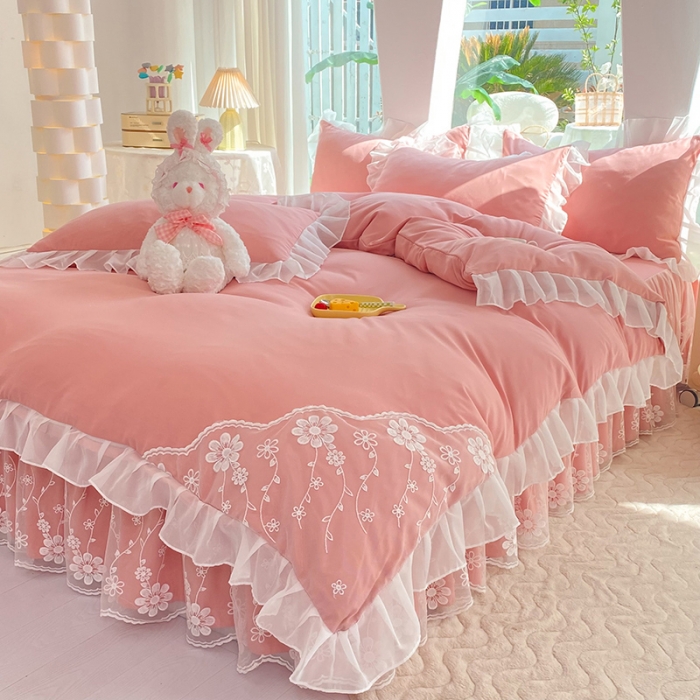 91家纺网 家纺一手货源 找家纺 唐人居 2025新款水洗棉麻花边款花香系列四件套 花香-公主粉