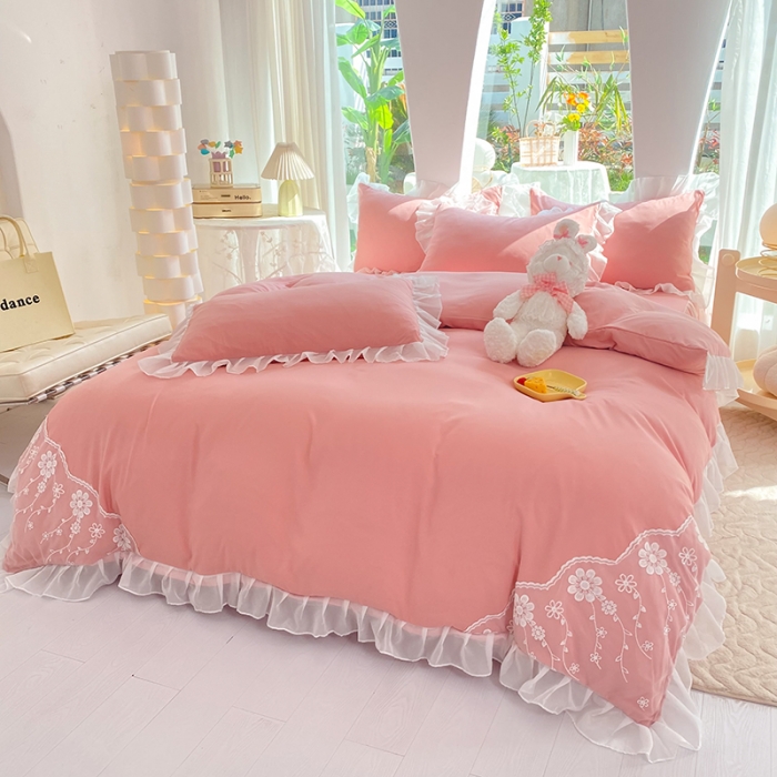 91家纺网 家纺一手货源 找家纺 唐人居 2025新款水洗棉麻花边款花香系列四件套 花香-公主粉