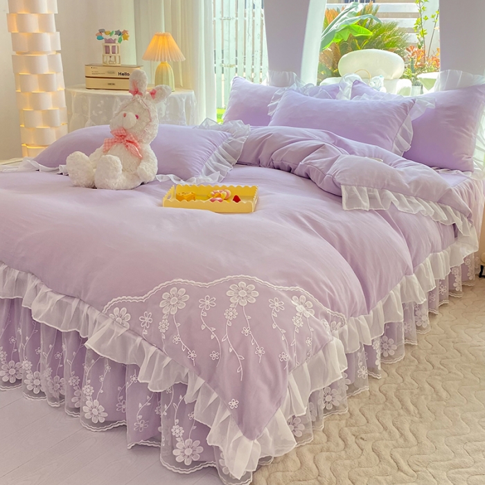 91家纺网 家纺一手货源 找家纺 唐人居 2025新款水洗棉麻花边款花香系列四件套 花香-梦幻紫