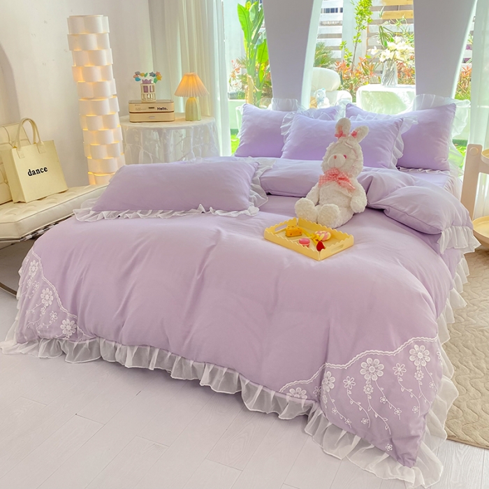 91家纺网 家纺一手货源 找家纺 唐人居 2025新款水洗棉麻花边款花香系列四件套 花香-梦幻紫