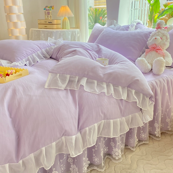 91家纺网 家纺一手货源 找家纺 唐人居 2025新款水洗棉麻花边款花香系列四件套 花香-梦幻紫