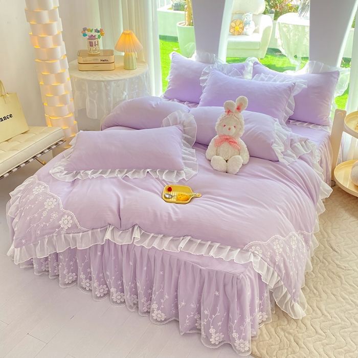 91家纺网 家纺一手货源 找家纺 唐人居 2025新款水洗棉麻花边款花香系列四件套 花香-梦幻紫