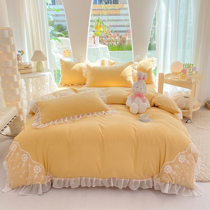 91家纺网 家纺一手货源 找家纺 唐人居 2025新款水洗棉麻花边款花香系列四件套 花香-奶黄