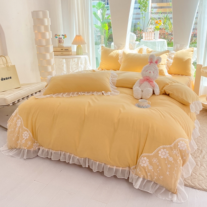 91家纺网 家纺一手货源 找家纺 唐人居 2025新款水洗棉麻花边款花香系列四件套 花香-奶黄