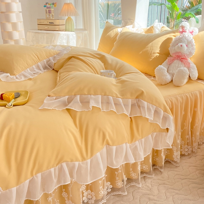 91家纺网 家纺一手货源 找家纺 唐人居 2025新款水洗棉麻花边款花香系列四件套 花香-奶黄