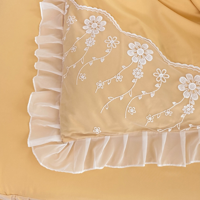 91家纺网 家纺一手货源 找家纺 唐人居 2025新款水洗棉麻花边款花香系列四件套 花香-奶黄