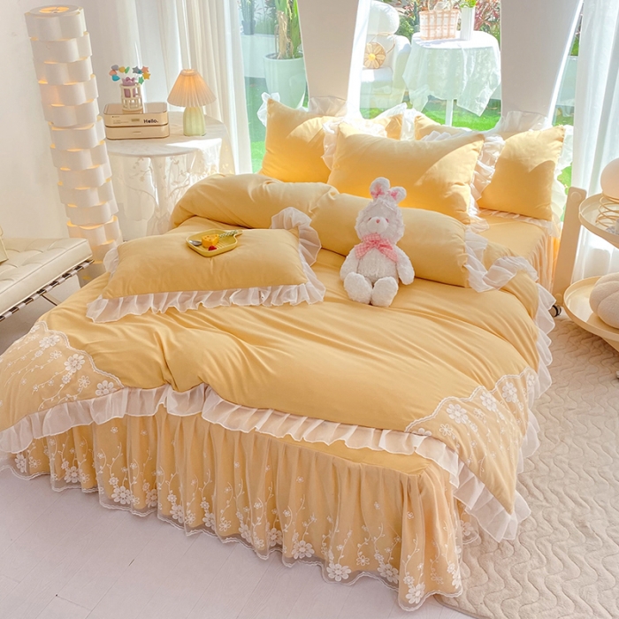 91家纺网 家纺一手货源 找家纺 唐人居 2025新款水洗棉麻花边款花香系列四件套 花香-奶黄