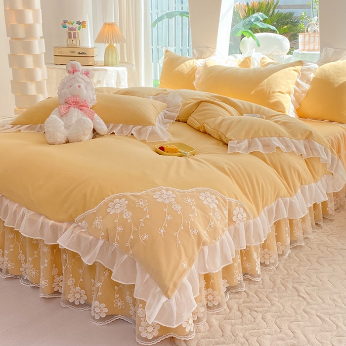 91家纺网 家纺一手货源 找家纺 唐人居 2025新款水洗棉麻花边款花香系列四件套 花香-奶黄