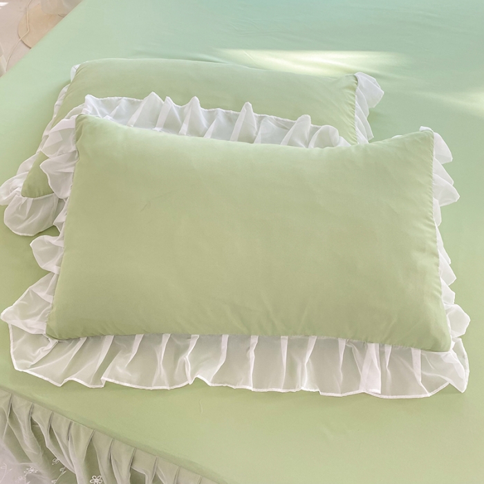 91家纺网 家纺一手货源 找家纺 唐人居 2025新款水洗棉麻花边款花香系列四件套 花香-奶绿