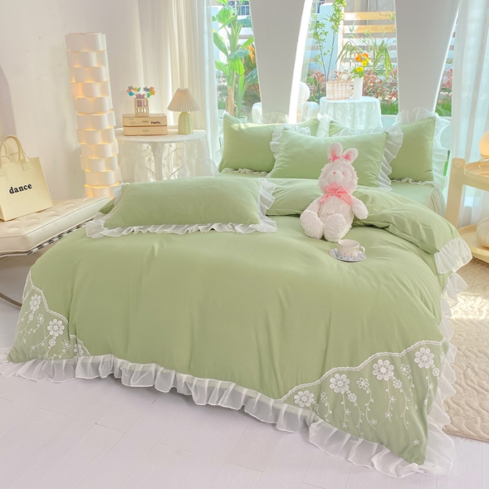 91家纺网 家纺一手货源 找家纺 唐人居 2025新款水洗棉麻花边款花香系列四件套 花香-奶绿