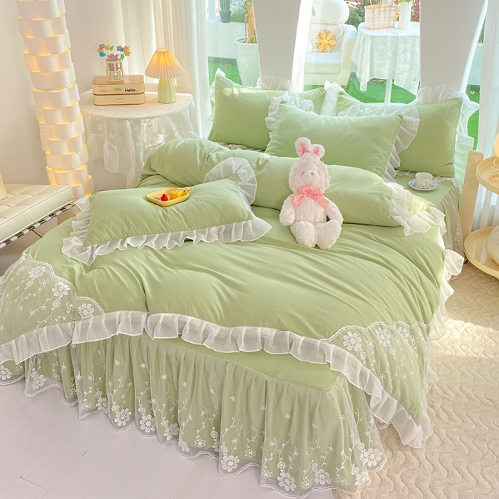 91家纺网 家纺一手货源 找家纺 唐人居 2025新款水洗棉麻花边款花香系列四件套 花香-奶绿