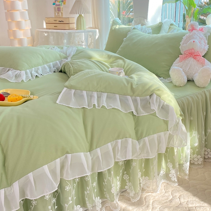 91家纺网 家纺一手货源 找家纺 唐人居 2025新款水洗棉麻花边款花香系列四件套 花香-奶绿