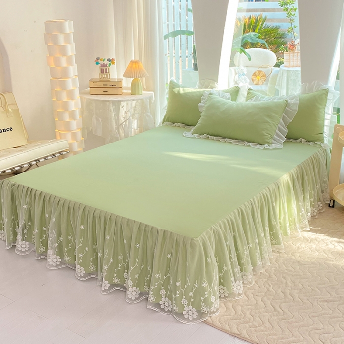 91家纺网 家纺一手货源 找家纺 唐人居 2025新款水洗棉麻花边款花香系列四件套 花香-奶绿