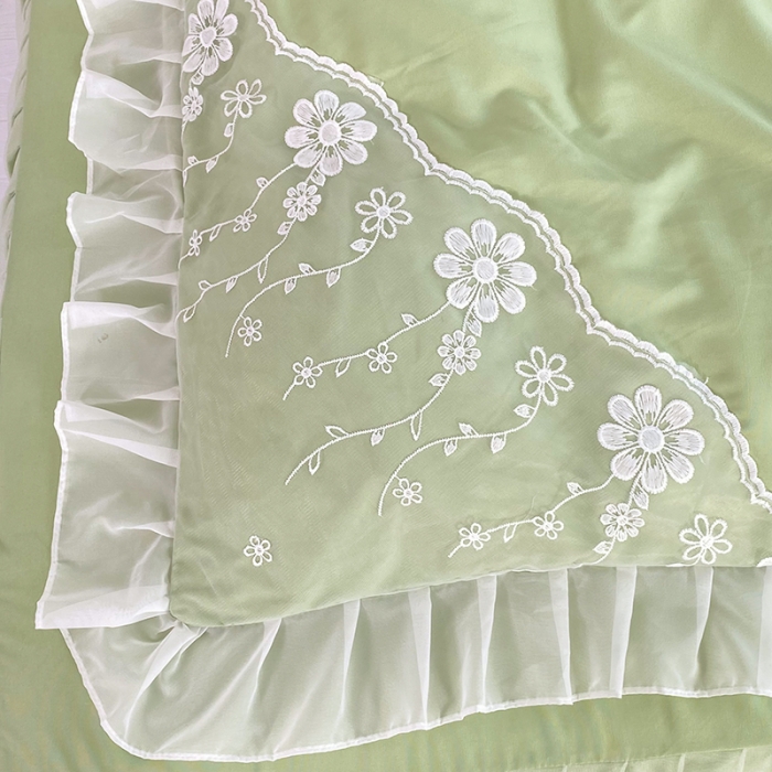 91家纺网 家纺一手货源 找家纺 唐人居 2025新款水洗棉麻花边款花香系列四件套 花香-奶绿