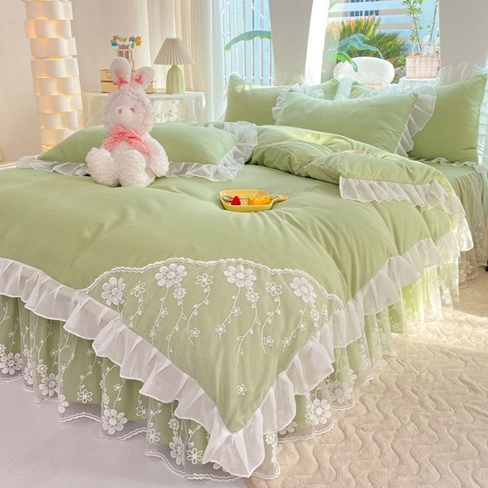 91家纺网 家纺一手货源 找家纺 唐人居 2025新款水洗棉麻花边款花香系列四件套 花香-奶绿