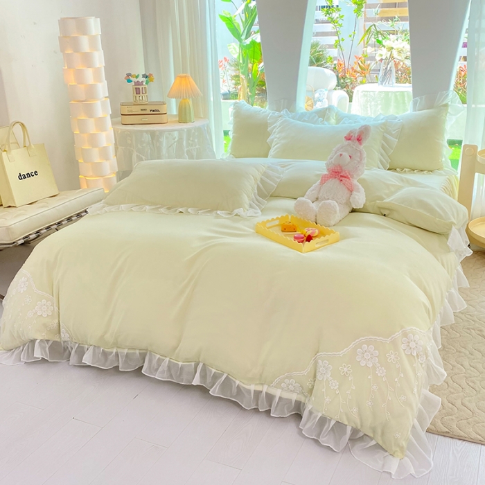 91家纺网 家纺一手货源 找家纺 唐人居 2025新款水洗棉麻花边款花香系列四件套 花香-浅果绿