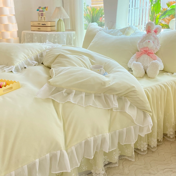 91家纺网 家纺一手货源 找家纺 唐人居 2025新款水洗棉麻花边款花香系列四件套 花香-浅果绿