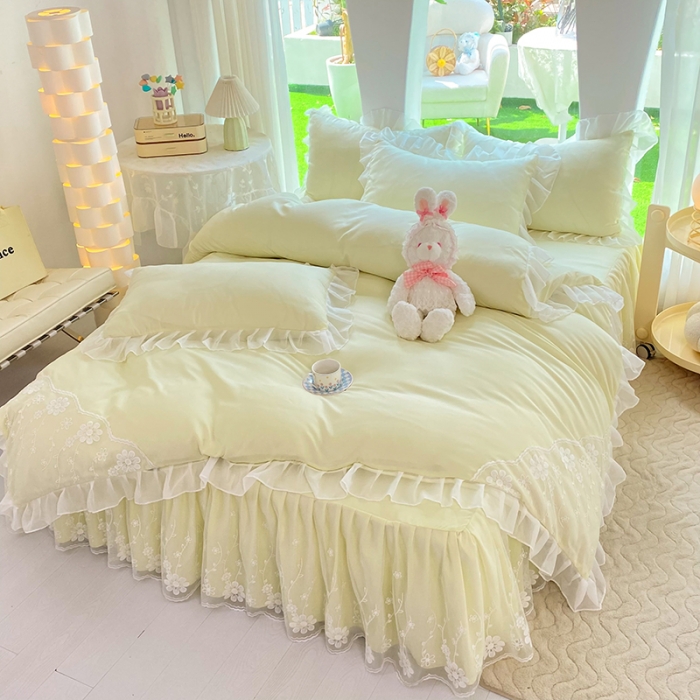 91家纺网 家纺一手货源 找家纺 唐人居 2025新款水洗棉麻花边款花香系列四件套 花香-浅果绿