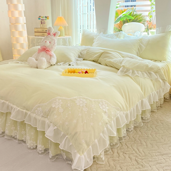 91家纺网 家纺一手货源 找家纺 唐人居 2025新款水洗棉麻花边款花香系列四件套 花香-浅果绿