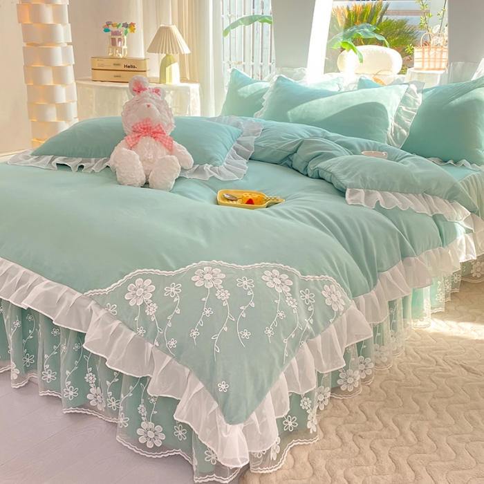 91家纺网 家纺一手货源 找家纺 唐人居 2025新款水洗棉麻花边款花香系列四件套 花香-青绿