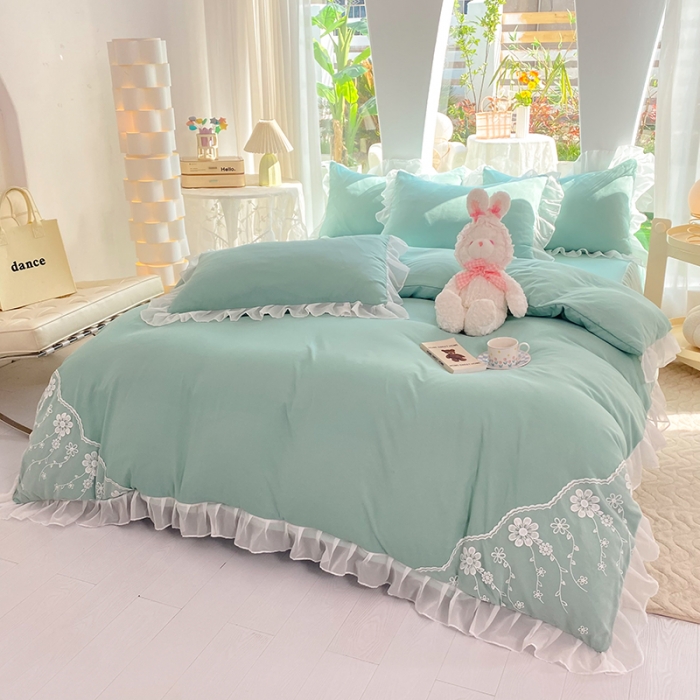 91家纺网 家纺一手货源 找家纺 唐人居 2025新款水洗棉麻花边款花香系列四件套 花香-青绿