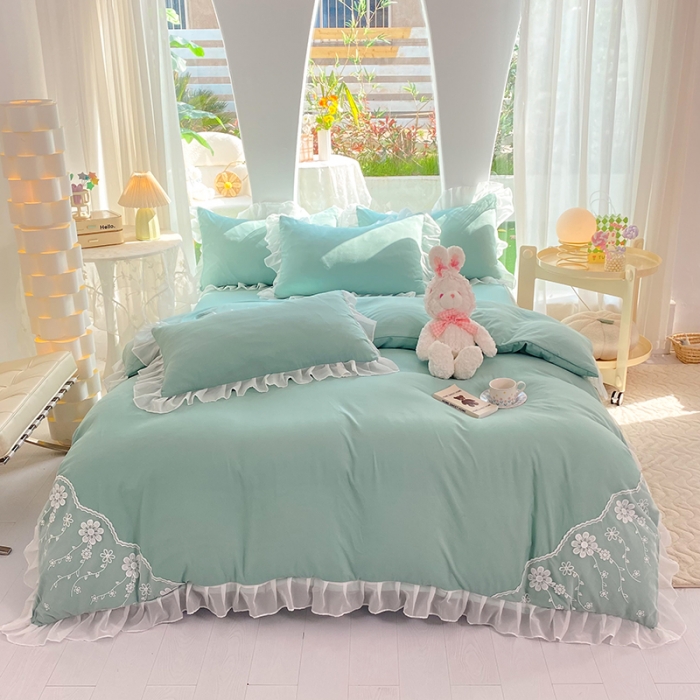 91家纺网 家纺一手货源 找家纺 唐人居 2025新款水洗棉麻花边款花香系列四件套 花香-青绿