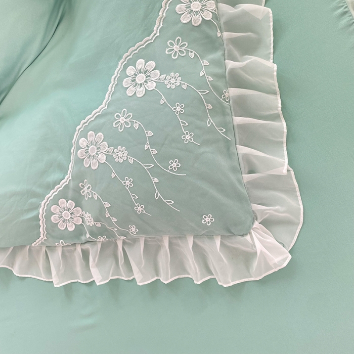 91家纺网 家纺一手货源 找家纺 唐人居 2025新款水洗棉麻花边款花香系列四件套 花香-青绿