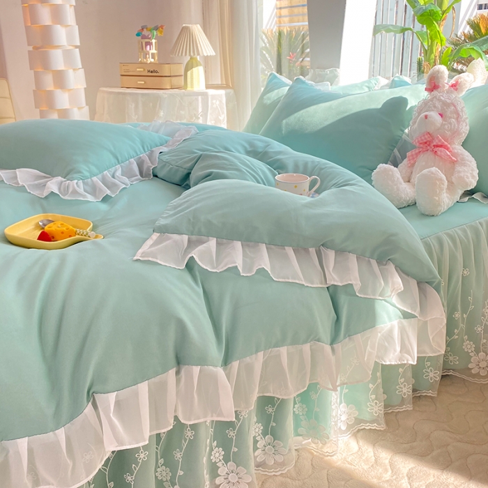 91家纺网 家纺一手货源 找家纺 唐人居 2025新款水洗棉麻花边款花香系列四件套 花香-青绿