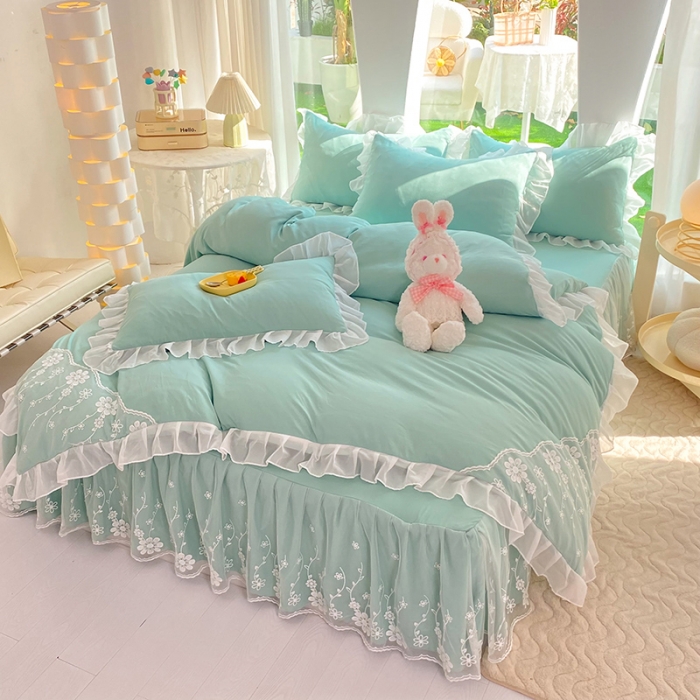 91家纺网 家纺一手货源 找家纺 唐人居 2025新款水洗棉麻花边款花香系列四件套 花香-青绿