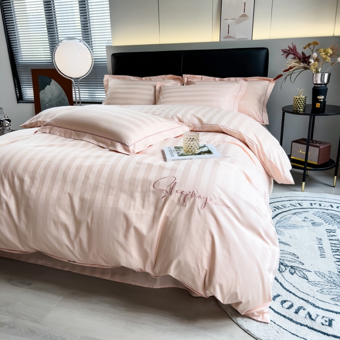 91家纺网 家纺一手货源 找家纺 品乐 2023新款 60支长绒棉提花条纹被套 条纹浅玉