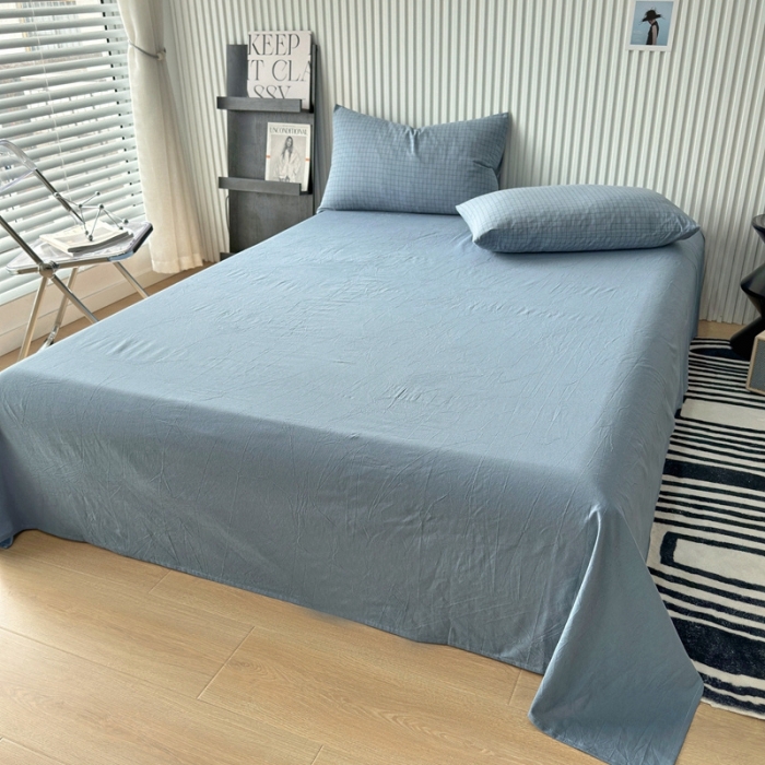 91家纺网 家纺一手货源 找家纺 三沁 2023新款直播爆款色织水洗棉单品系列单床单 湖蓝色