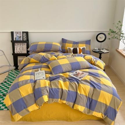 91家纺网 家纺一手货源 找家纺 三沁2023新款直播爆款色织水洗棉单品系列单被套 紫黄大格