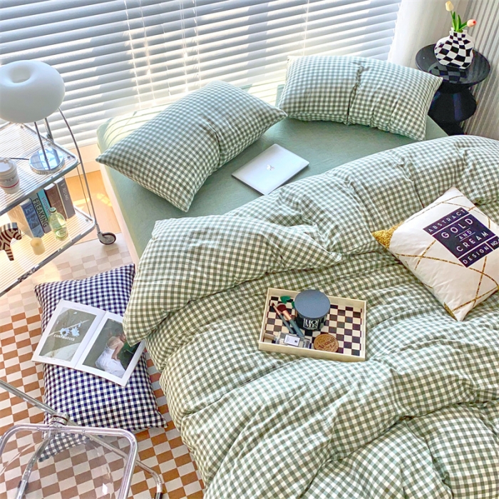 91家纺网 家纺一手货源 找家纺 三沁2023新款直播爆款色织水洗棉单品系列单被套 绿小格