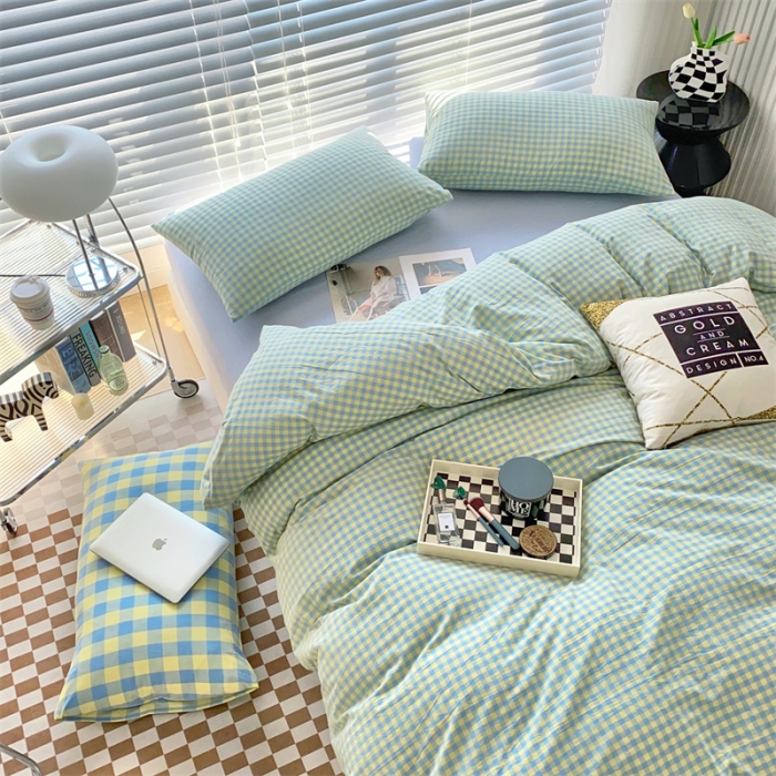 91家纺网 家纺一手货源 找家纺 三沁2023新款直播爆款色织水洗棉单品系列单被套 浅绿黄小格