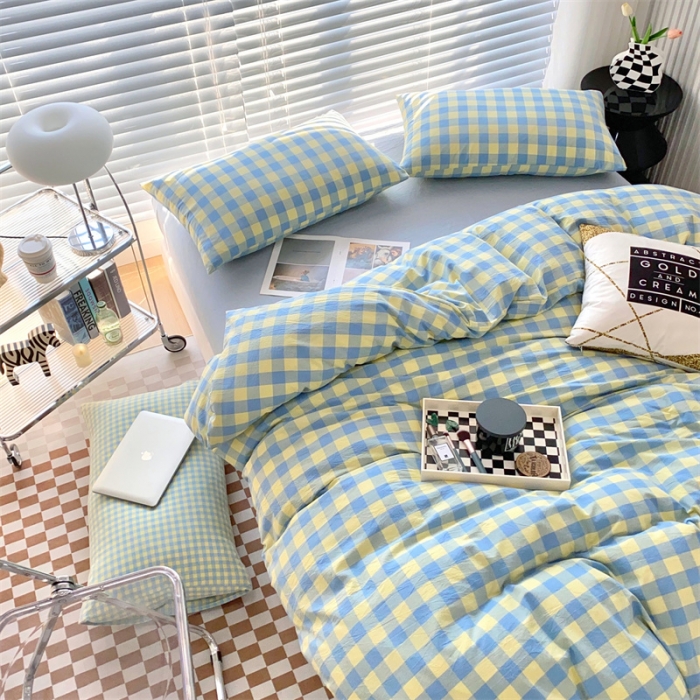 91家纺网 家纺一手货源 找家纺 三沁2023新款直播爆款色织水洗棉单品系列单被套 浅绿黄中格