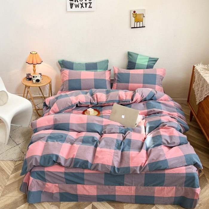 91家纺网 家纺一手货源 找家纺 三沁2023新款直播爆款色织水洗棉单品系列单被套 雅典粉大格