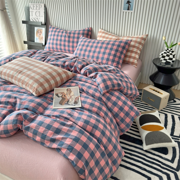 91家纺网 家纺一手货源 找家纺 三沁2023新款直播爆款色织水洗棉单品系列单被套 雅典粉小格