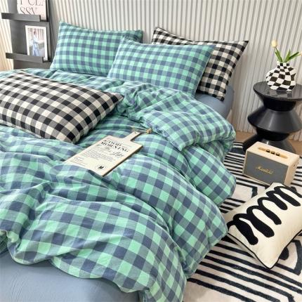 三沁2023新款直播爆款色织水洗棉单品系列单被套 雅典绿小格