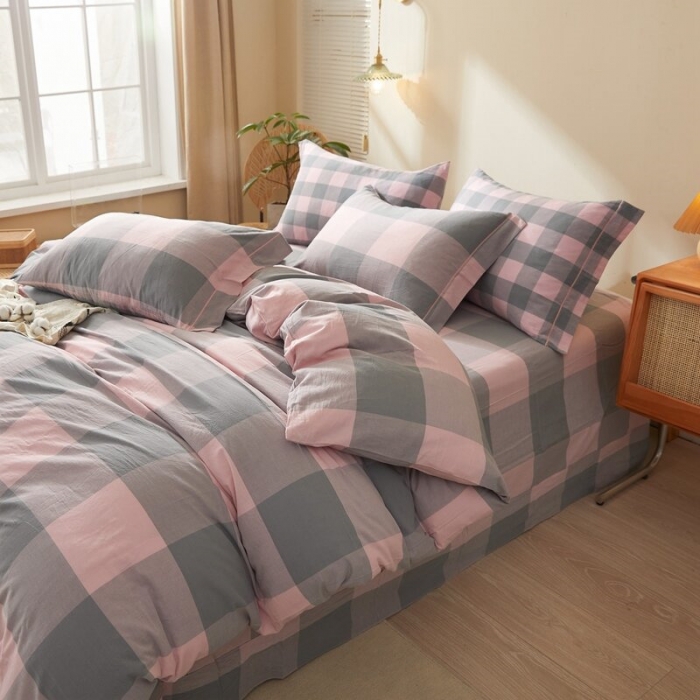 91家纺网 家纺一手货源 找家纺 三沁2023新款直播爆款色织水洗棉单品系列单被套 云尚粉大格