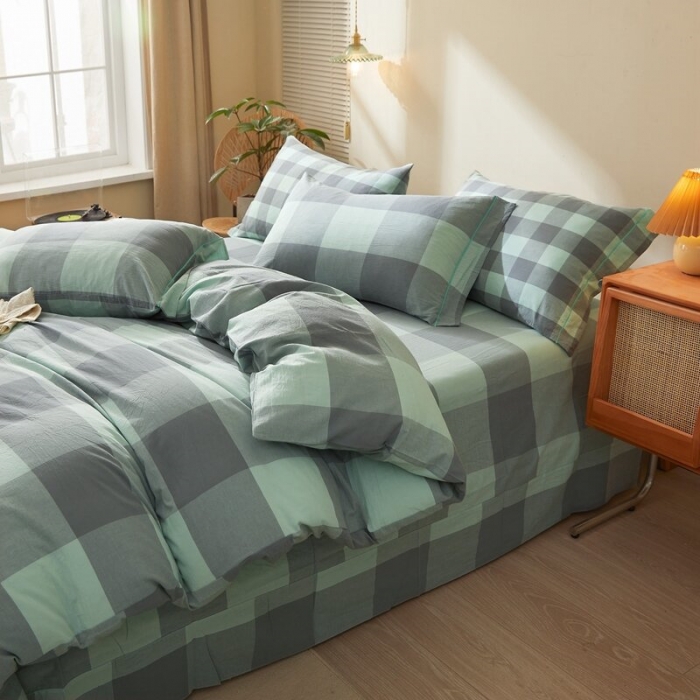 91家纺网 家纺一手货源 找家纺 三沁2023新款直播爆款色织水洗棉单品系列单被套 云尚绿大格