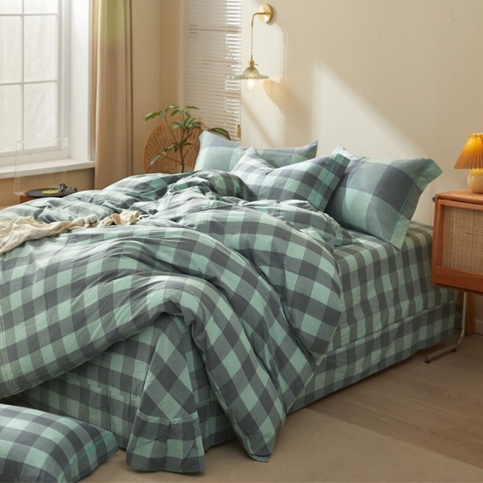 91家纺网 家纺一手货源 找家纺 三沁2023新款直播爆款色织水洗棉单品系列单被套 云尚绿中格