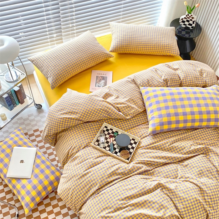 91家纺网 家纺一手货源 找家纺 三沁2023新款直播爆款色织水洗棉单品系列单被套 紫黄小格