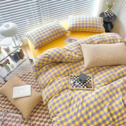 三沁2023新款直播爆款色织水洗棉单品系列单被套 紫黄中格