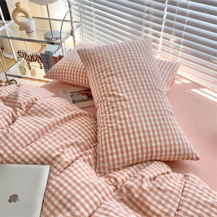 91家纺网 家纺一手货源 找家纺 三沁2023新款直播爆款色织水洗棉单品系列单枕套 粉玉小格