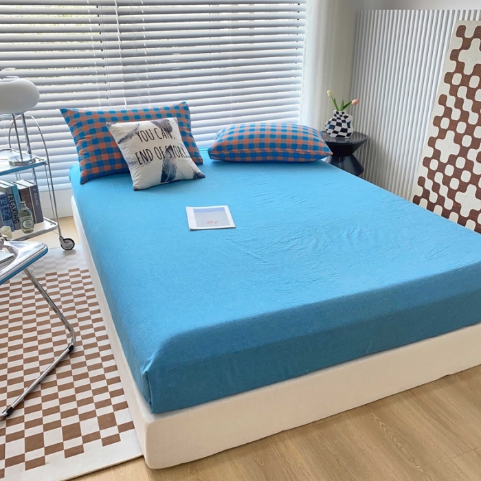 91家纺网 家纺一手货源 找家纺 三沁2023新款直播爆款色织水洗棉单品系列单床笠 克莱茵兰色