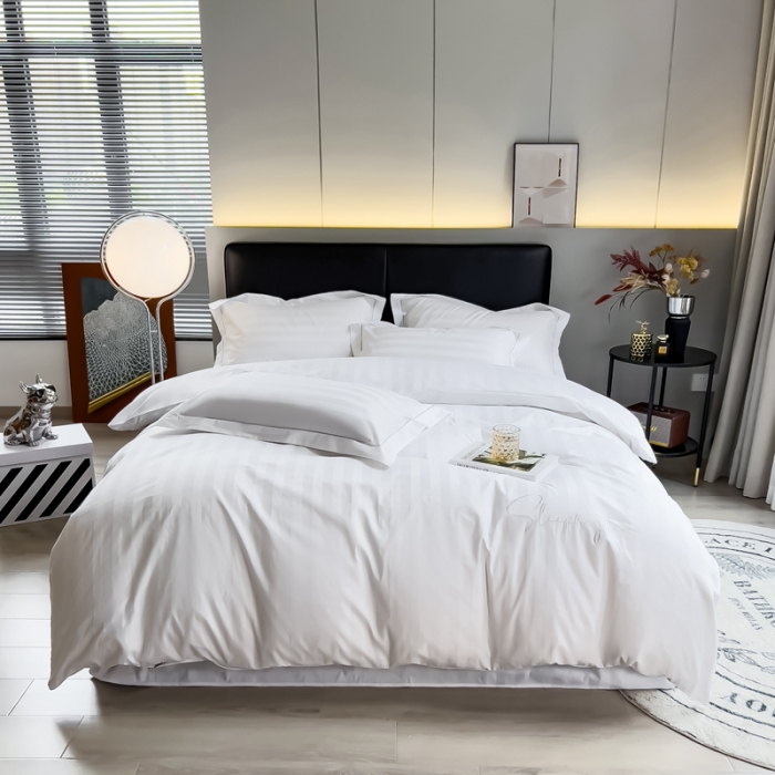 91家纺网 家纺一手货源 找家纺 慕尚 2025新款60支长绒棉提花条纹系列四件套 条纹白色