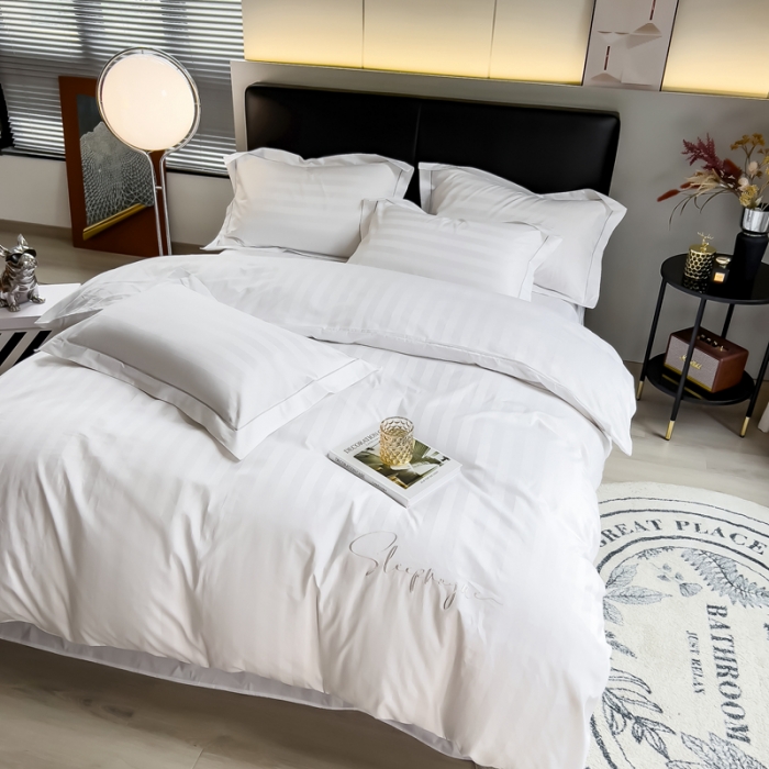 91家纺网 家纺一手货源 找家纺 慕尚 2025新款60支长绒棉提花条纹系列四件套 条纹白色